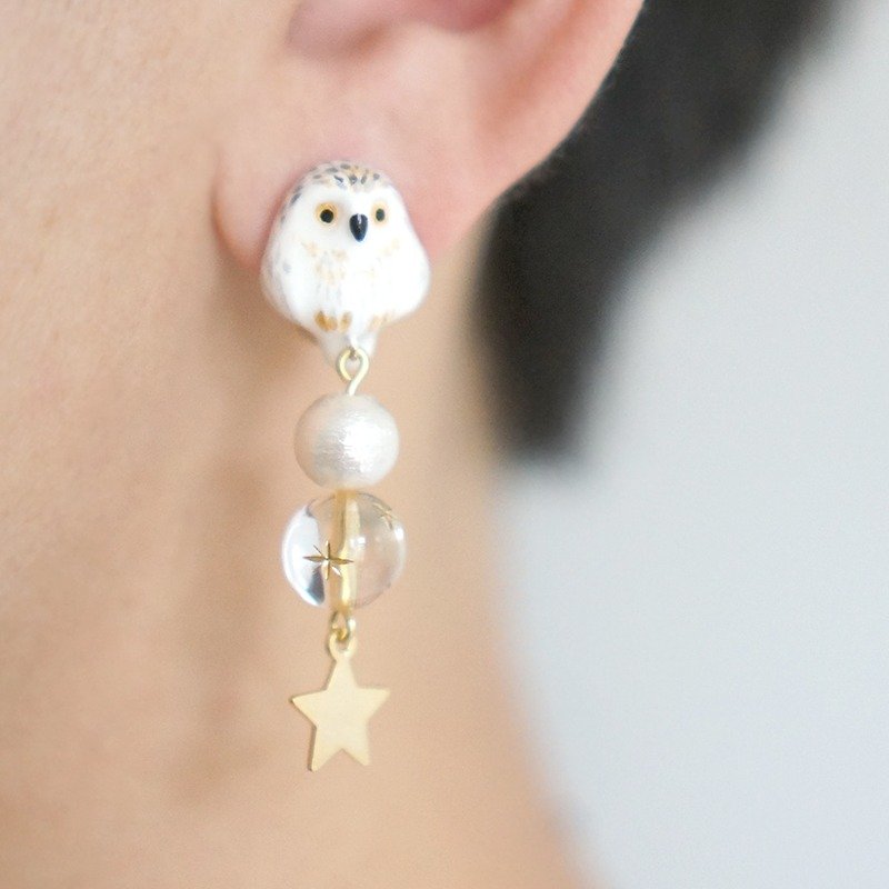 [Unicorn Forest] Snow Owl painted a single star ear / ear clip - Earrings & Clip-ons - Clay 