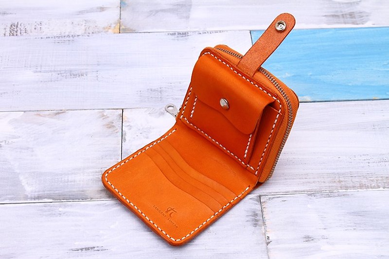 [Cut line] leather handmade short paragraph mini wallet orange - กระเป๋าคลัทช์ - หนังแท้ สีส้ม