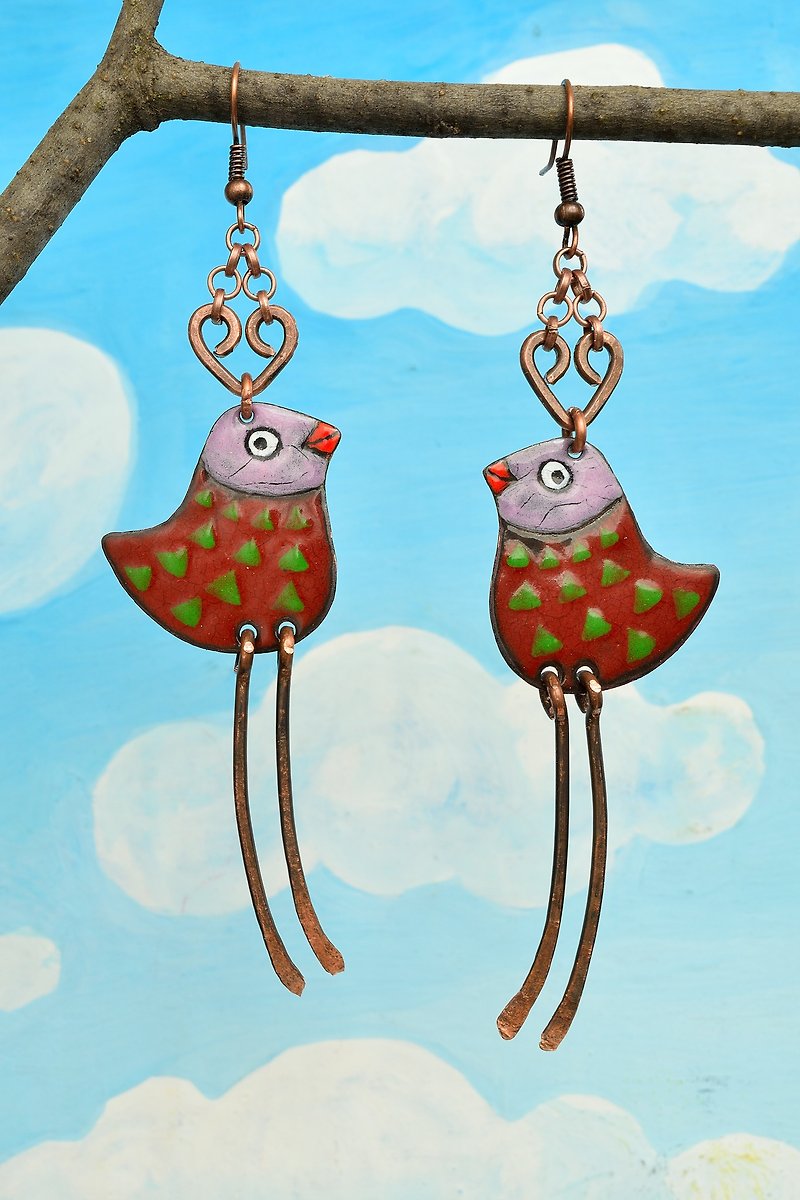 Jewelry, Earrings, Enamel, Enamel Earrings, Enamel Jewelry, Bird Earrings with Polka Dots, Bird Earrings, Enameled Earrings, Bird Jewelry, Polka Dots, - 耳環/耳夾 - 琺瑯 