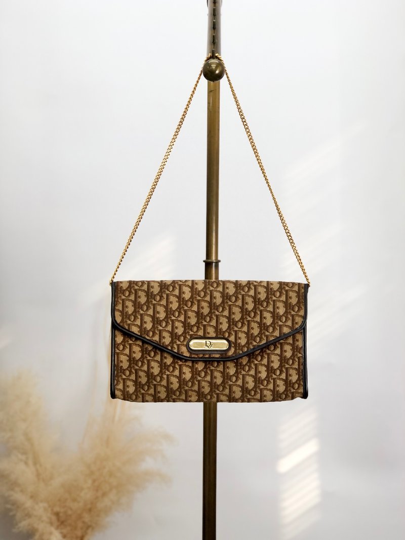【 日本直送　名牌中古包 】Christian Dior トロッター ショルダーバッグ ブラウン ロゴ ジャガード チェーン vintage j6x28z - 側背包/斜背包 - 棉．麻 咖啡色