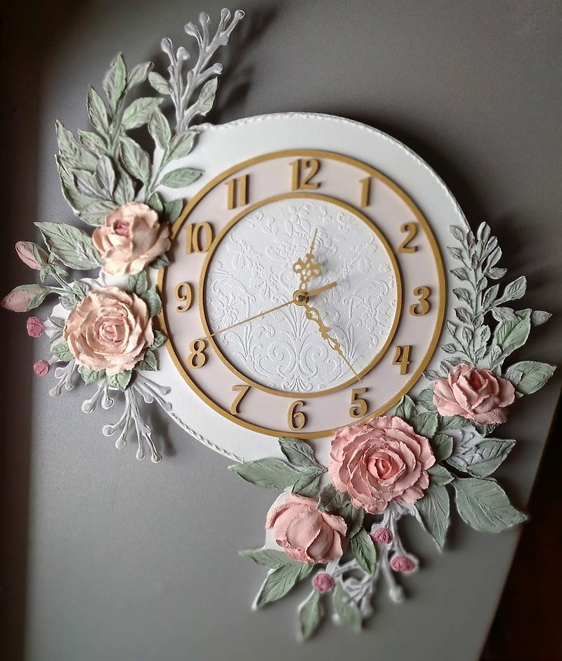 掛鐘 Wall clock for girl's nursery Large white wall clock with roses Silent clock - 兒童家具/傢俬 - 木頭 白色