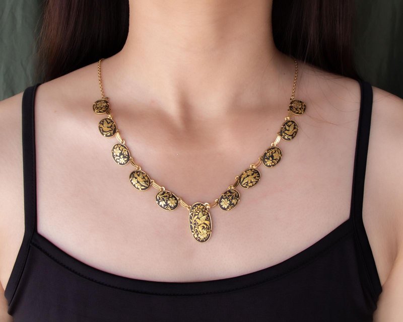 スペインのアンティークダマスカス24K / 18Kゴールド象眼細工のクラフト鳥と花のスケッチパターン華やかなネックレス - ネックレス - 24Kゴールド ゴールド