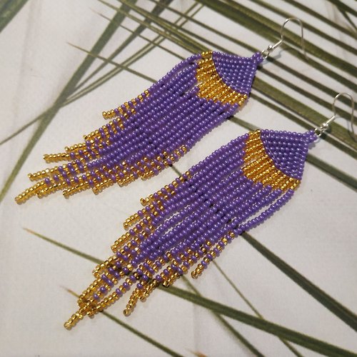 White Bird gallery of exquisite jewelry from Halyna Nalyvaiko Long seed bead gradient fringed boho purple and gold dainty earrings Long purple