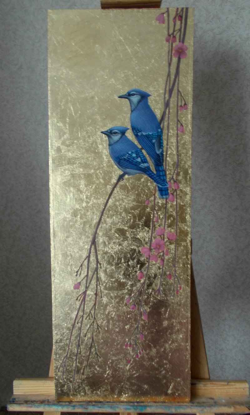 Gold leaf painting Birds on a branch Chinese painting Narrow canvas Animalistic - Wall Décor - Other Materials Multicolor