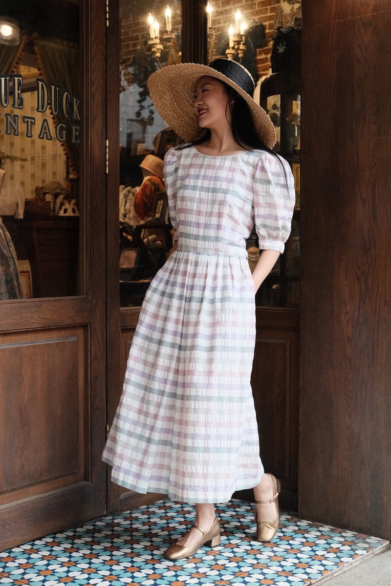 Vintage1980s dress美國制泡泡棉格紋連衣裙古著 - 洋裝/連身裙 - 棉．麻 