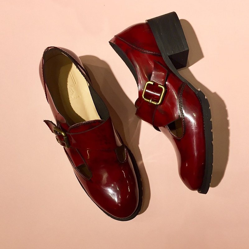Painting # 8028 || Calfskin buckle low heel wipe color hi red || - Women's Oxford Shoes - Genuine Leather Red