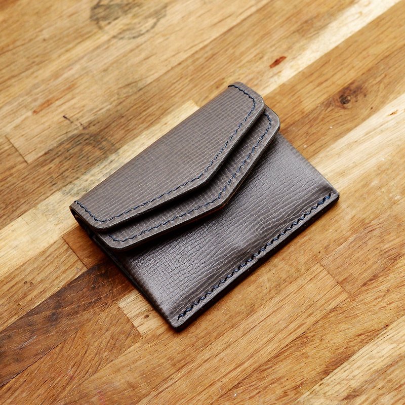Hand-made smoky gray cross grain calfskin electronic payment era wallet with 2 cards and a small amount of cash - กระเป๋าใส่เหรียญ - หนังแท้ สีดำ