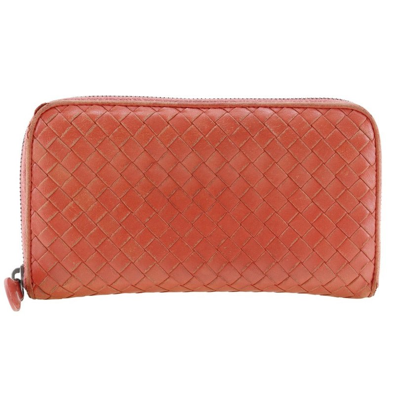 [Direct from Japan] BOTTEGAVENETA Round Zip Long Wallet, Intrecciato Lambskin, Red/Pink, Women's [Used] - กระเป๋าสตางค์ - หนังแท้ สึชมพู