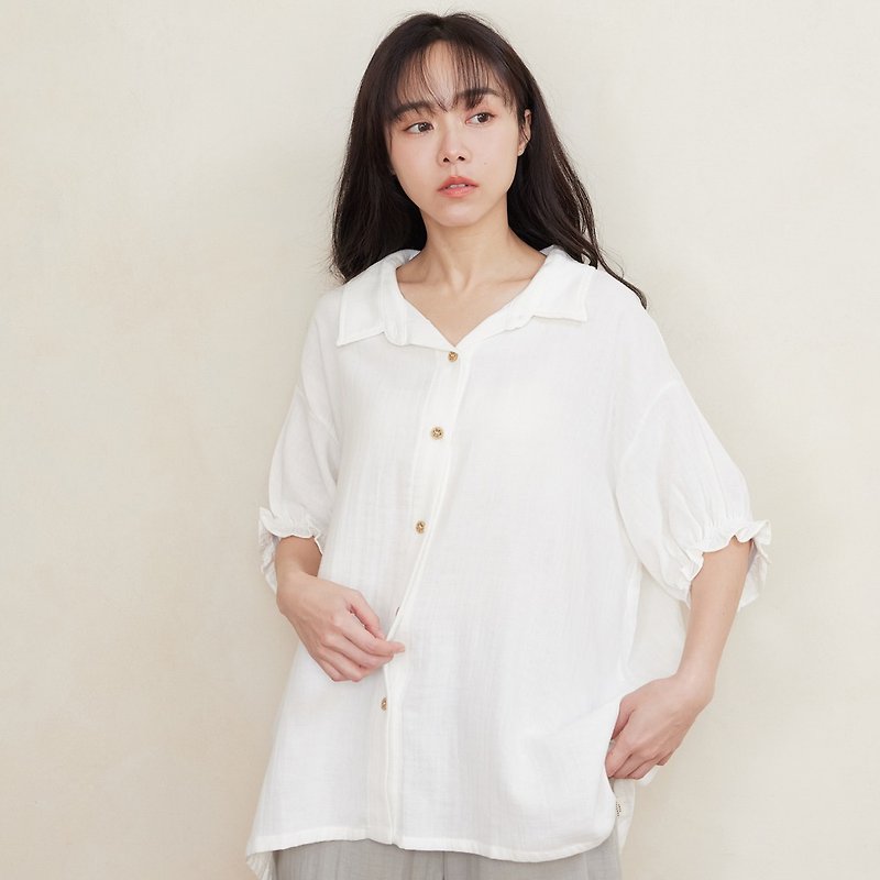 Dry, Breathable and Breathable Double Yarn Puff Sleeve Shirt - 3 Colors/Slim Fit Shirt/Casual Shirt - เสื้อผู้หญิง - ผ้าฝ้าย/ผ้าลินิน หลากหลายสี