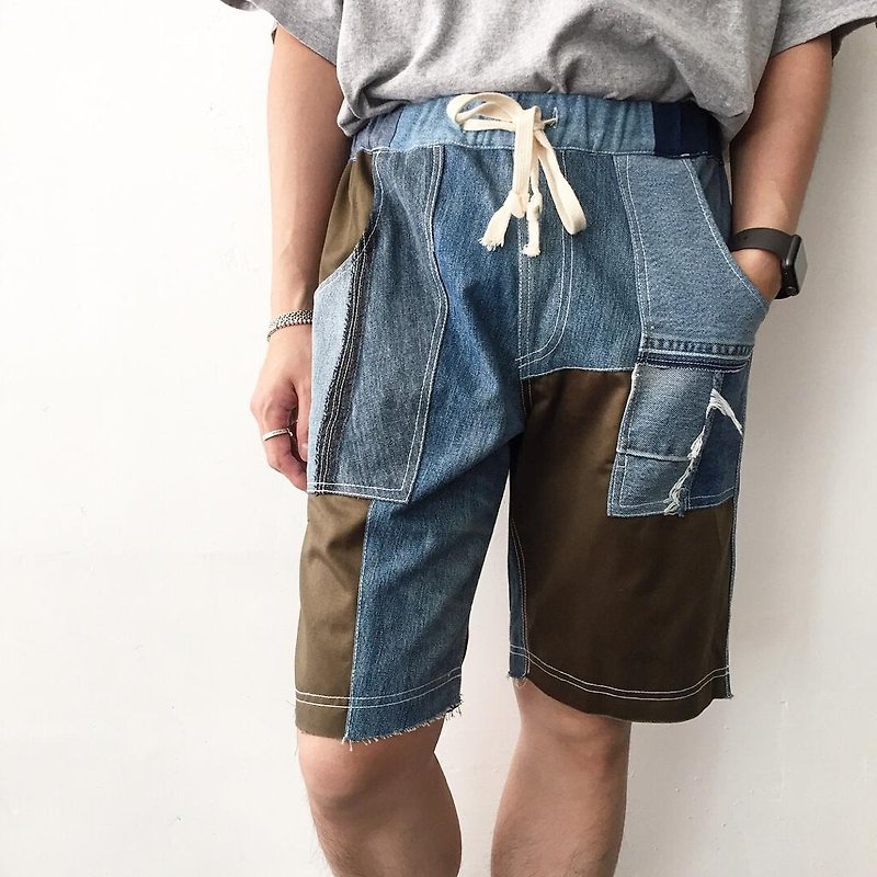 Denim patchwork shorts - กางเกงขาสั้น - ผ้าฝ้าย/ผ้าลินิน 