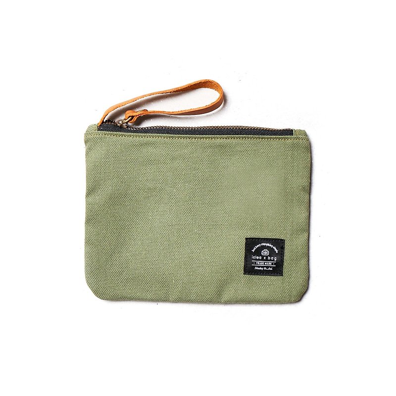 Leather canvas universal small bag cosmetic bag apple green DG43 - ที่ใส่บัตรคล้องคอ - ผ้าฝ้าย/ผ้าลินิน 
