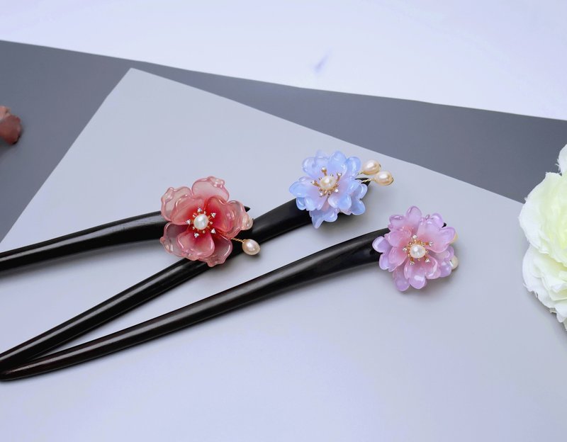 檸檬手作髮飾  琉璃花黑檀木髮簪(三色) - 髮夾/髮圈 - 木頭 紫色