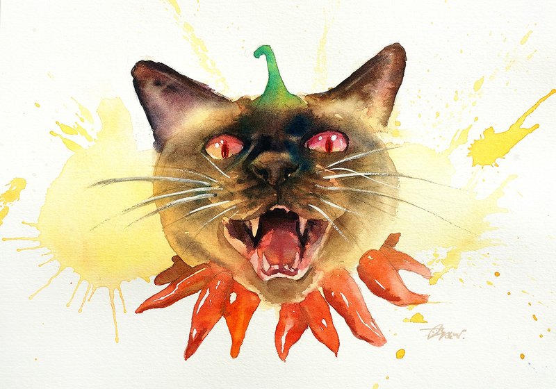 Original watercolor painting [Papa Spicy Cat] - โปสเตอร์ - กระดาษ หลากหลายสี