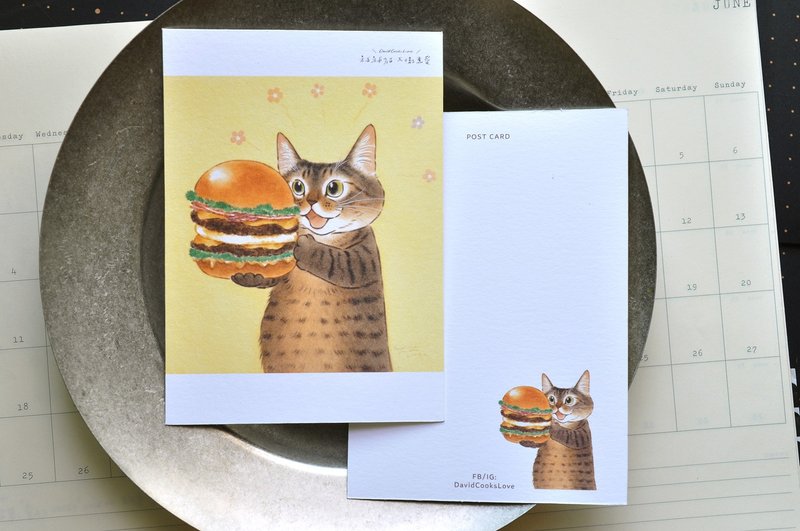 Cat illustration postcard-short burger - การ์ด/โปสการ์ด - กระดาษ สีนำ้ตาล