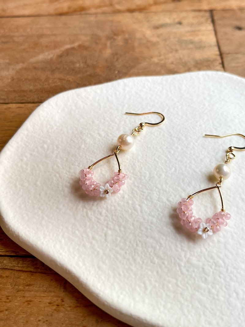 Romantic Garden-|Antiallergic|14K Gold|Freshwater Pearl| Stone - Earrings & Clip-ons - Precious Metals Pink