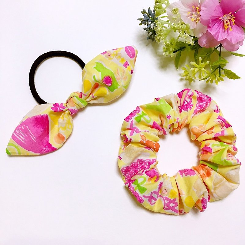 Summer color doughnut scrunchie bow hair accessories set of 2 - เครื่องประดับผม - ผ้าฝ้าย/ผ้าลินิน 