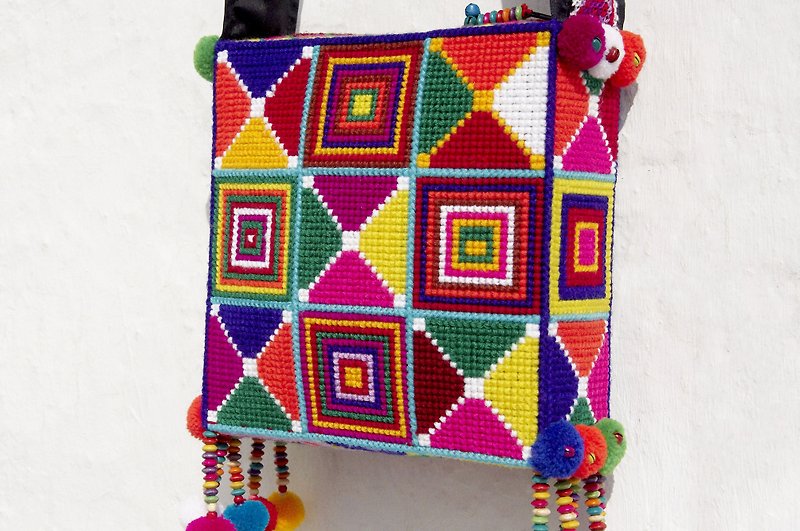 Handmade crochet side backpack/shoulder bag/woven bag/wayuu embroidery bag-South American side woven bag - Messenger Bags & Sling Bags - Wool Multicolor