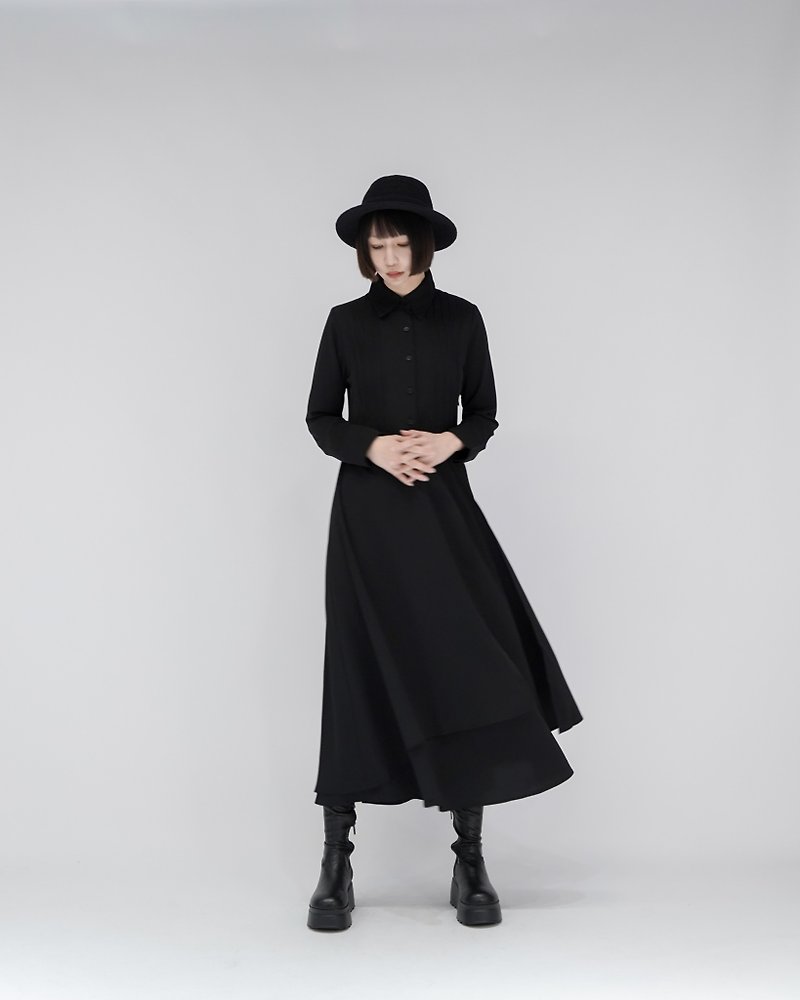 Twill Chest Pleated Maxi Dress - ชุดเดรส - เส้นใยสังเคราะห์ สีดำ