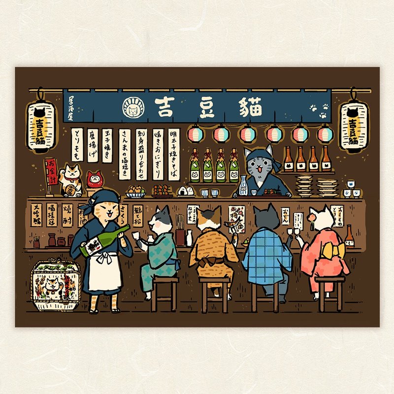 Night Izakaya 【HitoCat 吉豆猫】postcard - Cards & Postcards - Paper Brown