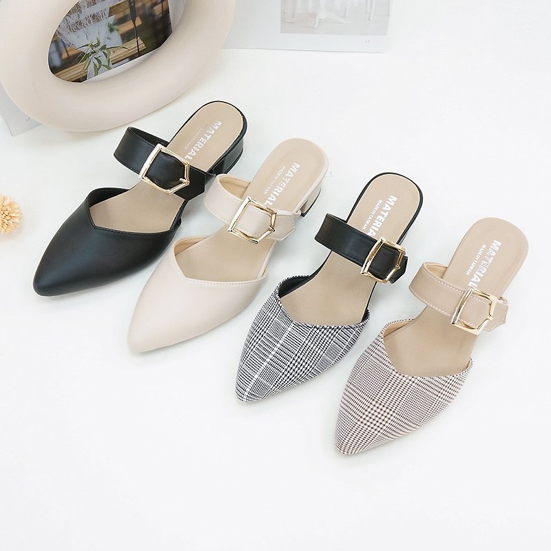 Heel Shoes Pointed Toe Strap Square Buckle Mules T72113 - รองเท้าส้นสูง - หนังเทียม 