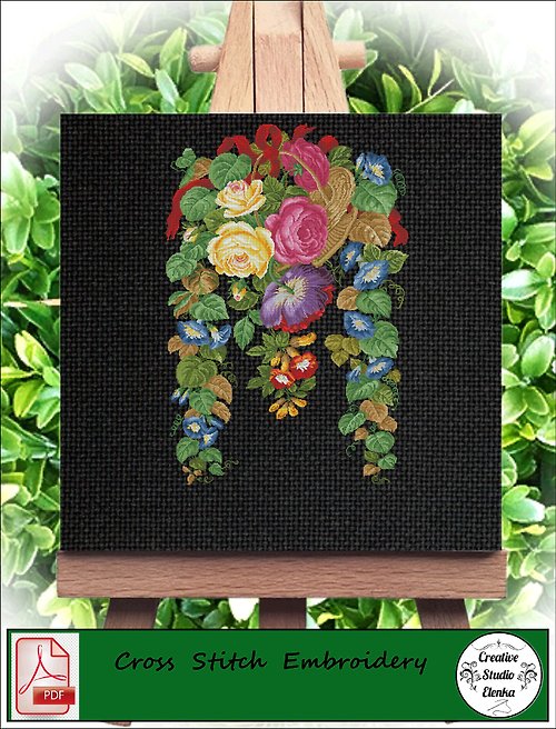 CreativeStudioElenka Vintage Cross Stitch Scheme Flowers in the basket - PDF Embroidery Scheme
