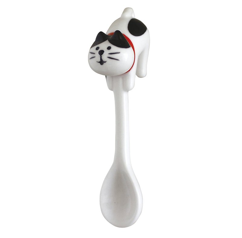 【日本Decole】concombre 杯緣陶器湯匙★八分黑白貓圖案 - 餐具/刀叉湯匙 - 陶 黑色