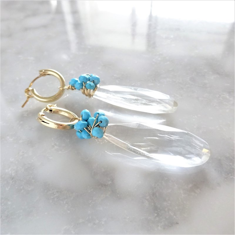 14kgf*Turquoise x Crystal Quartz pierced earring / earring - Earrings & Clip-ons - Gemstone Transparent