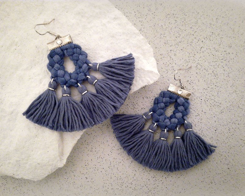 Bohemian Fringe Earrings Denim Blue Tassels Gift for Girlfriend - Earrings & Clip-ons - Thread Blue