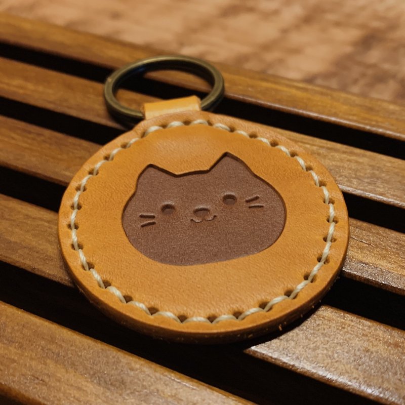 [Customized] Cat Leather Key Ring [Meow People Sen] Caramel Light Brown Customized Gift Lettering - Keychains - Genuine Leather Orange