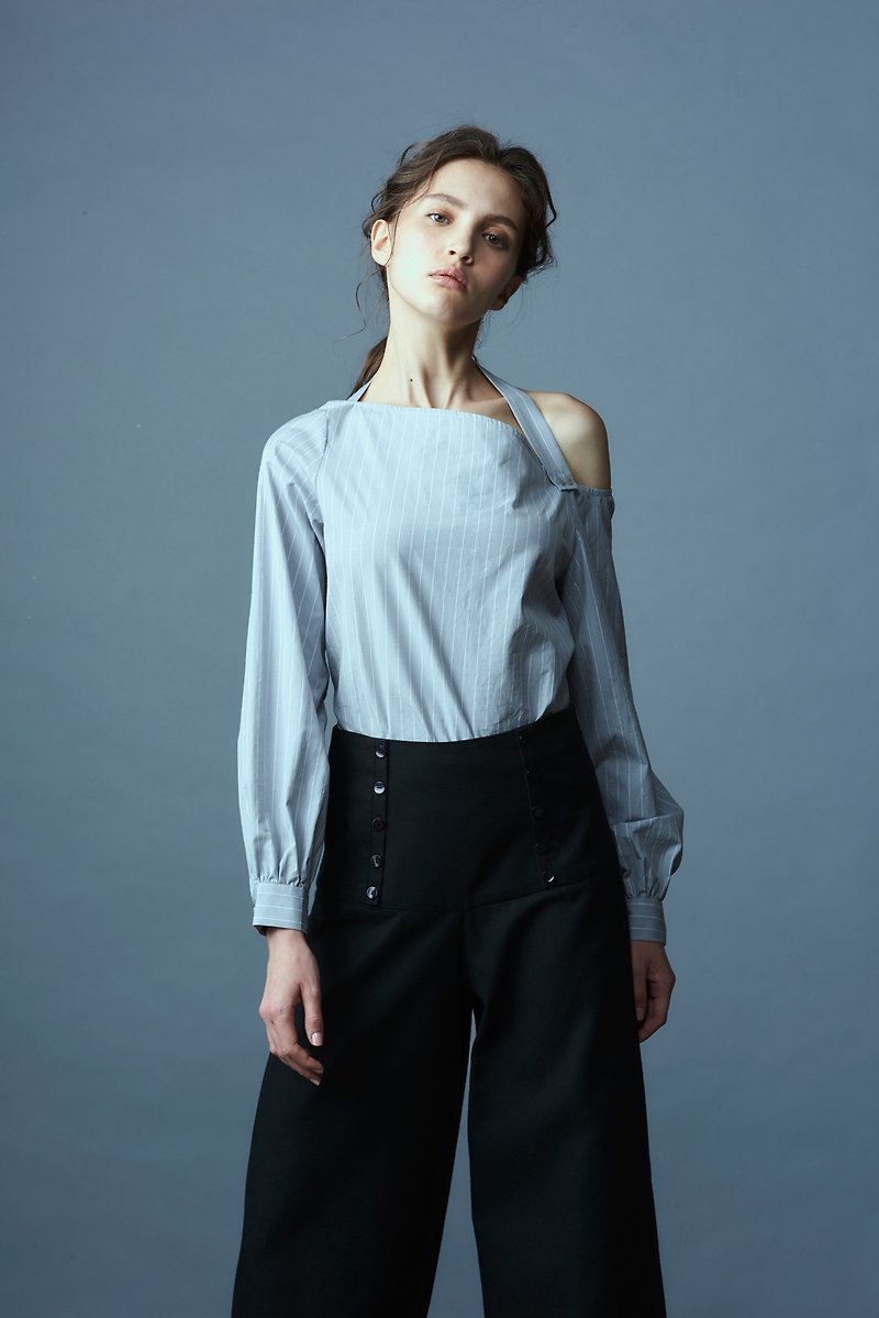 Grey Striped Shoulder Top - เสื้อผู้หญิง - ผ้าฝ้าย/ผ้าลินิน สีเทา