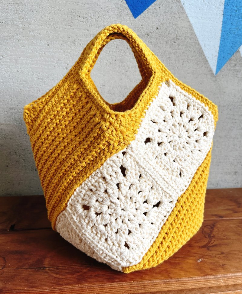 Granny check patchwork crocheted 4-corner tote bag mustard yellow and ivory white - Handbags & Totes - Cotton & Hemp Yellow