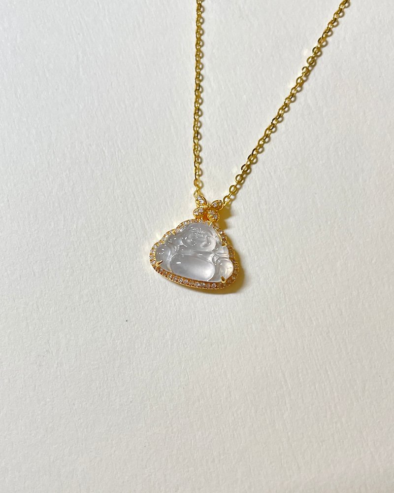 Pure 18k gold ice glass Buddha Jadeite pendant (free Silver) - Necklaces - Jade Transparent