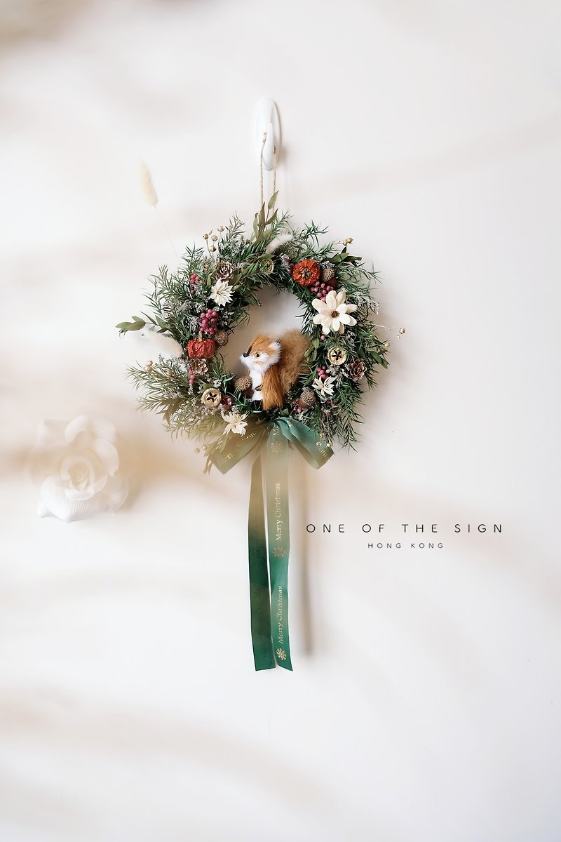 【聖誕裝飾】松鼠永生聖誕花環 - 乾花/永生花 - 植物．花 綠色