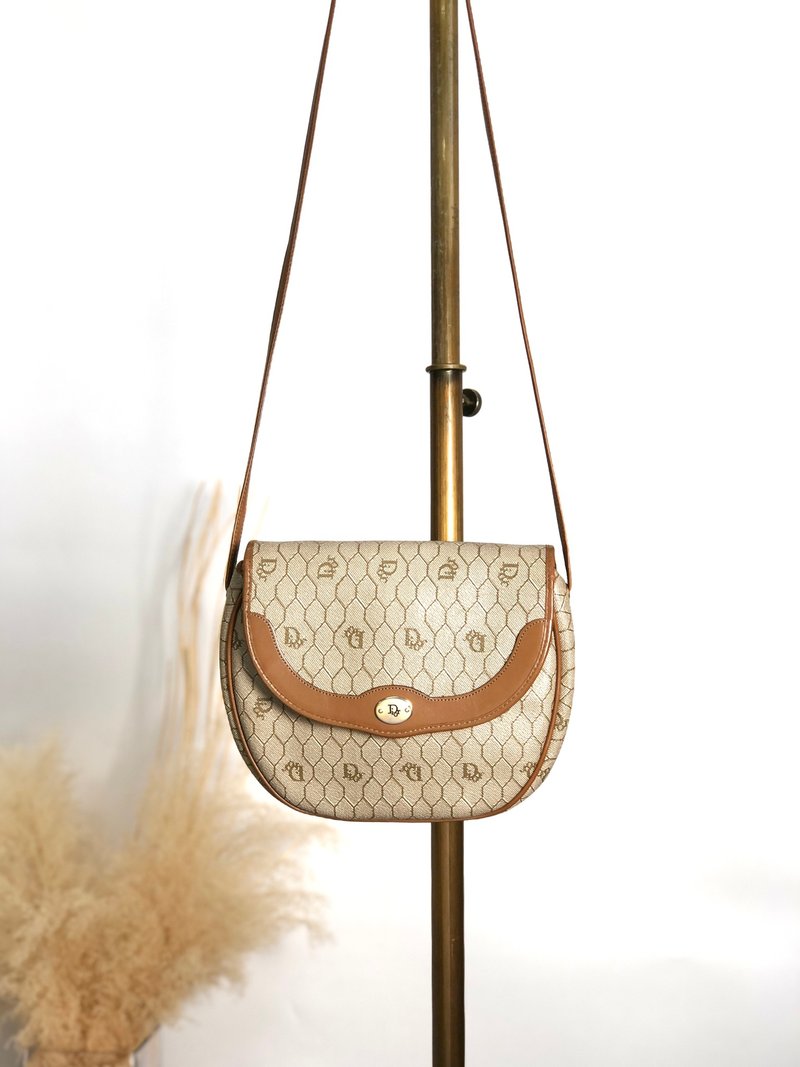 【 日本直送　名牌中古包 】Christian Dior ハニカム柄 ショルダーバッグ ベージュ ロゴ PVC レザー vintage gage6d - 側背包/斜背包 - 防水材質 咖啡色