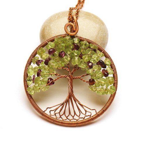 Good Luck Stones Peridot Garnet Pendant Good Luck Tree Necklace Semi-Precious Stone Jewelry