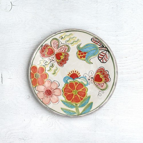 春信工房JAPAN 青いチューリップと蝶絵の平皿