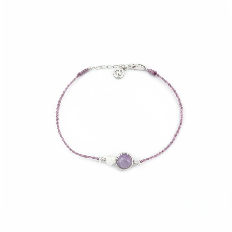 [Wax Braided Crystal Bracelet] Amethyst + Moonstone Silver - Bracelets - Crystal Purple