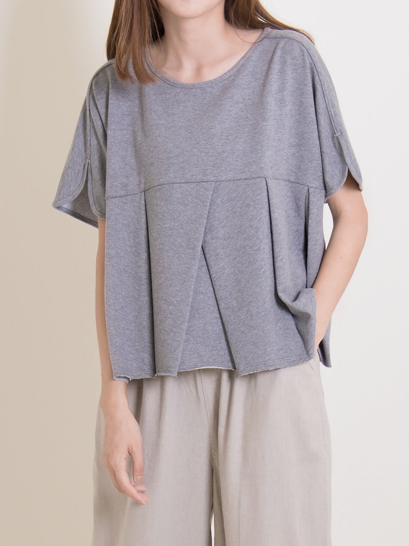 短版裙襬T 灰 - T 恤 - 棉．麻 灰色