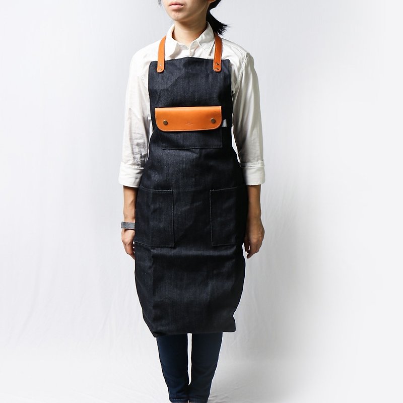 Brown leather full-body work apron (collar type) professional aprons overalls (tannins blue) store warranty many staff designated brand - ผ้ากันเปื้อน - หนังแท้ สีน้ำเงิน