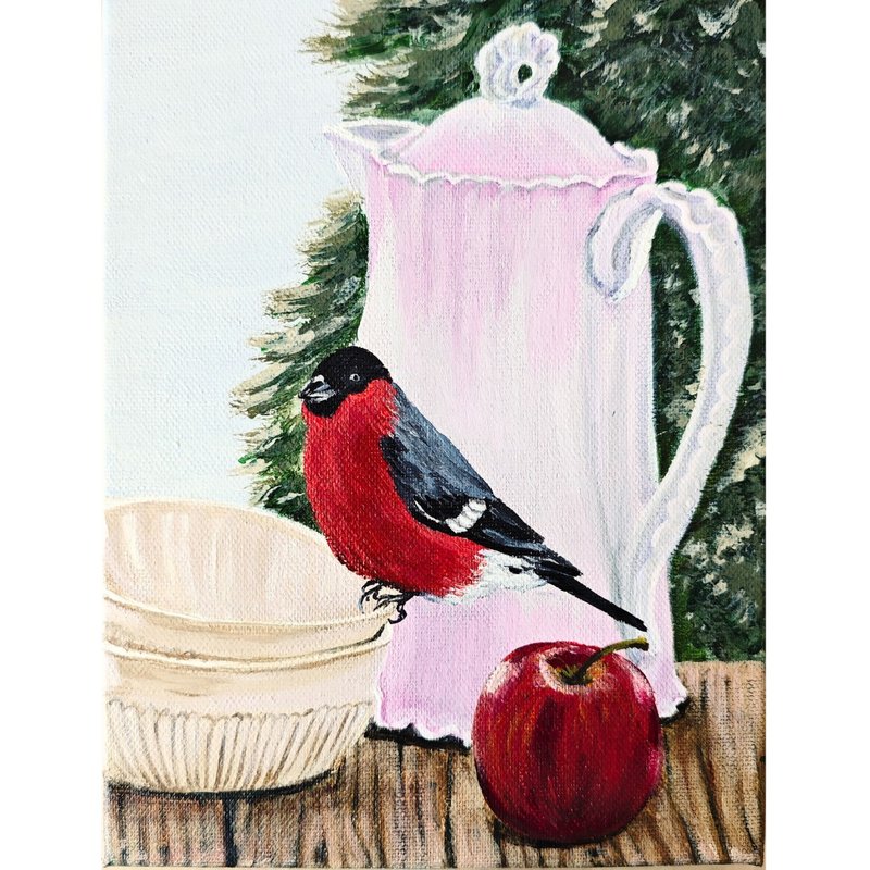 冬日靜物畫 紅腹灰雀 RinaArtSK 手繪原創作品 - 壁貼/牆壁裝飾 - 其他材質 多色