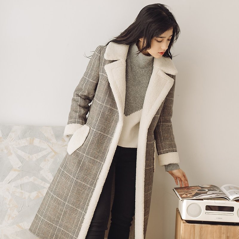 Annie Chen 2017 winter new women's A plaid long coat jacket - เสื้อแจ็คเก็ต - ผ้าฝ้าย/ผ้าลินิน สีเทา