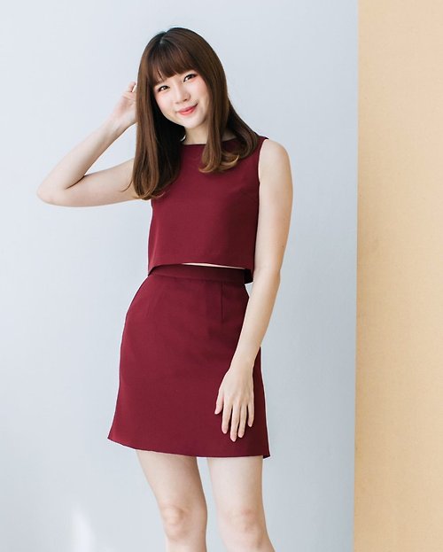ameliadress Dark Red Top and Skirt Set Red Blouse Sleeveless Crop Top With A line Skirt