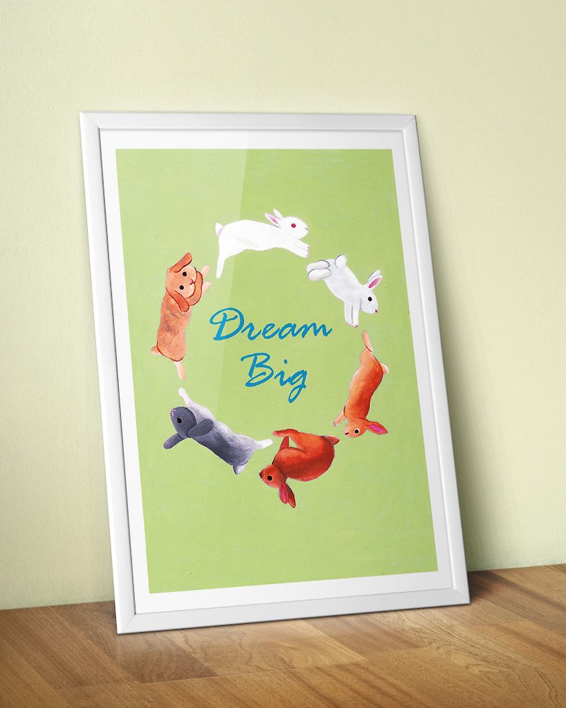 A3 Rabbit Art Print/Purple Blue Green Pink Bunny Acrylic Print/Quote-Dream Big/Nursery/Child Bedroom Wall/Home Décor/Graduation/Poster - โปสเตอร์ - กระดาษ 