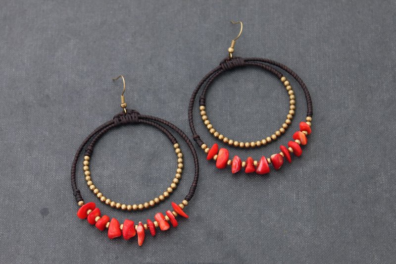 Coral Brass Bead Woven Hoop Earrings Stone Chandelier Dangles Earrings  - Earrings & Clip-ons - Semi-Precious Stones Red