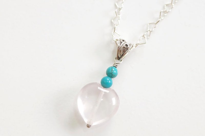 Silver necklace heart of rose quartz and turquoise - Necklaces - Stone Pink
