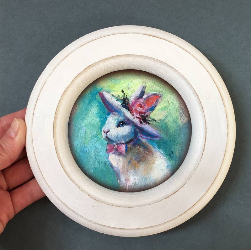 Framed Animal Painting Bunny Art Small Original Rabbit landscape gift Artwork - Items for Display - Other Materials White