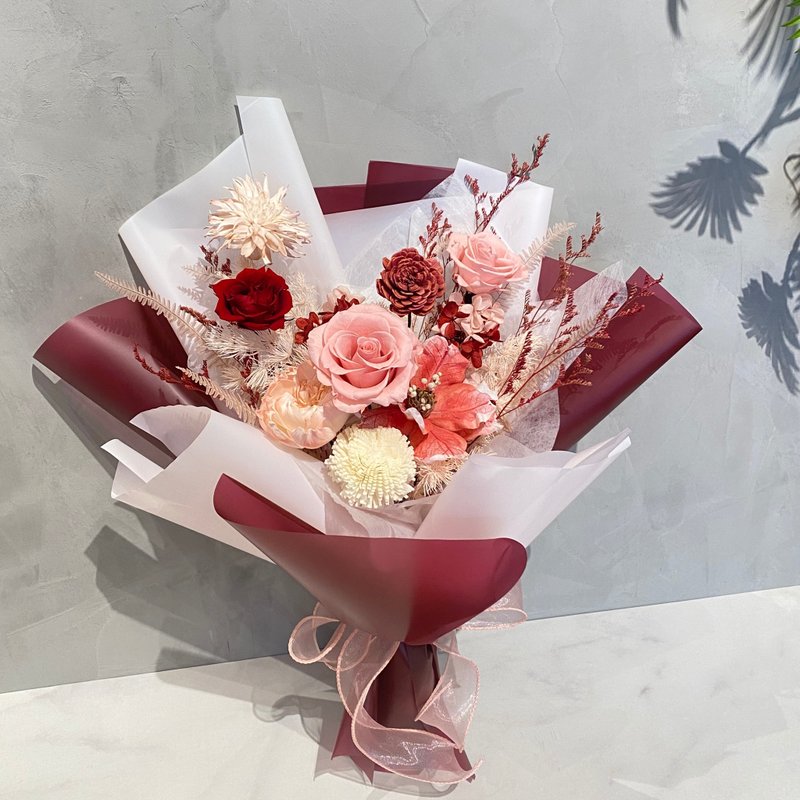 永生花束 七夕 情人節 紅粉配 - 乾燥花/永生花 - 植物．花 紅色