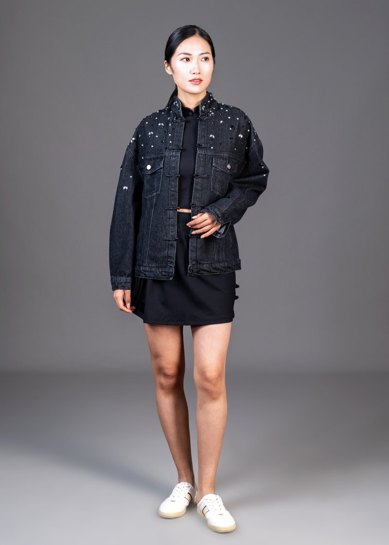 中式唐裝牛仔外套 (黑色) - 女大衣/外套 - 棉．麻 黑色