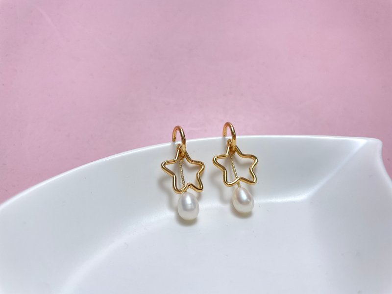 星 天然淡水珍珠 耳環 手作 - 耳環/耳夾/耳骨夾 - 珍珠 白色