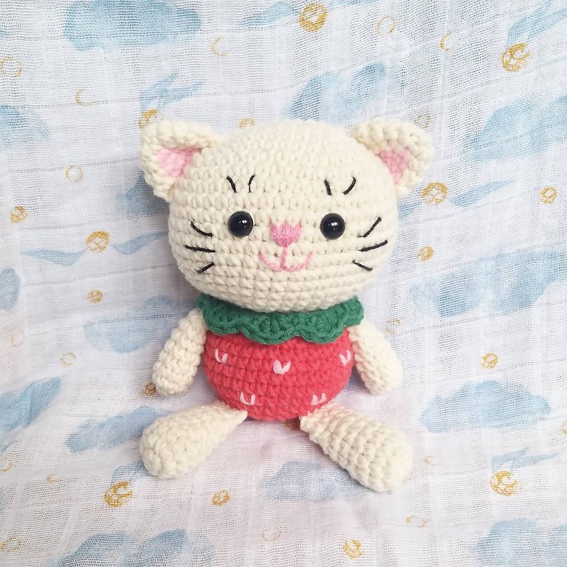 Strawberry white cat doll handmade crocheted - Stuffed Dolls & Figurines - Cotton & Hemp Multicolor